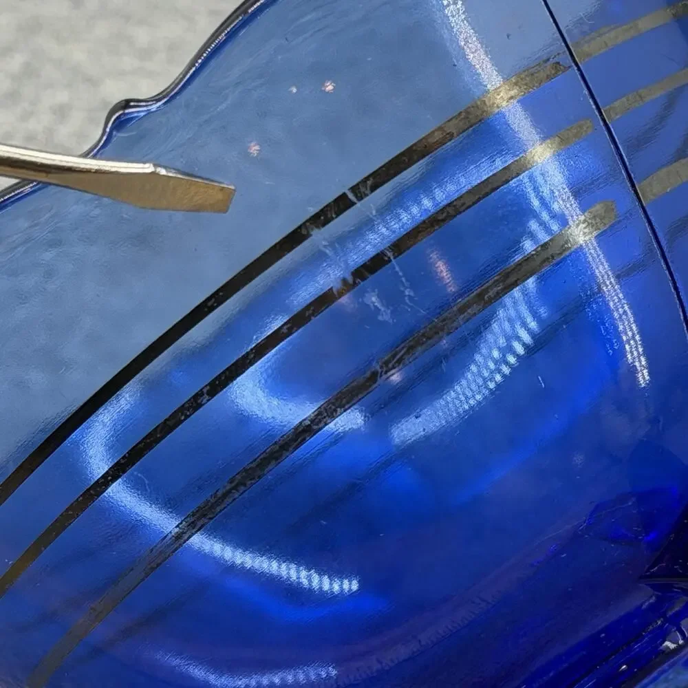 VTG Cobalt Blue Glass Candy Dish Bowl Mt Pleasant 3 Black Stripes 3 Toed READ